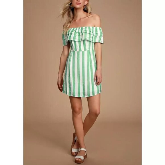Lulus Dresses & Skirts - Lulus Persephone Off the Shoulder Dress White and Green Striped Women's Size S